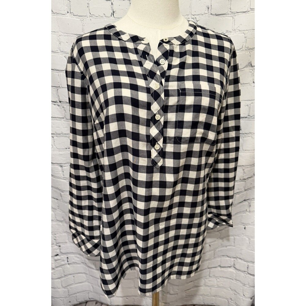 Talbots Navy White Plaid Gingham Tunic Long Sleeve 100% Cotton Top Shirt Size MP